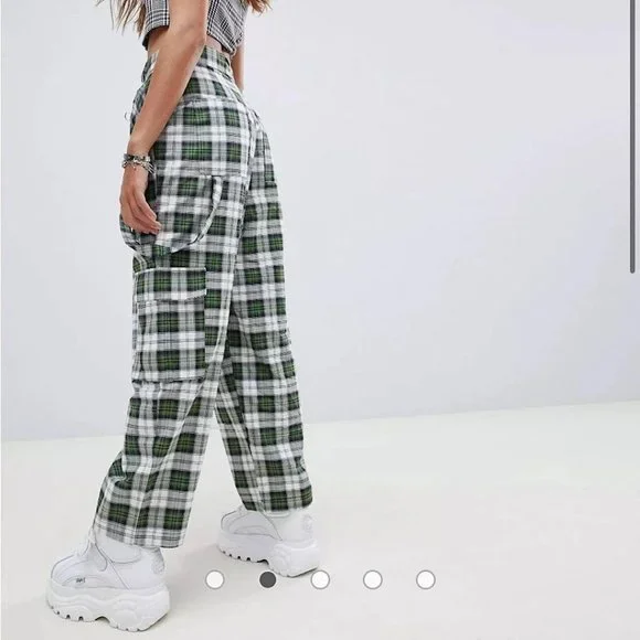 The Ragged Priest Escape Cargo Pants Wide Leg High Waist Plaid Trousers Green - Picture 2 of 10